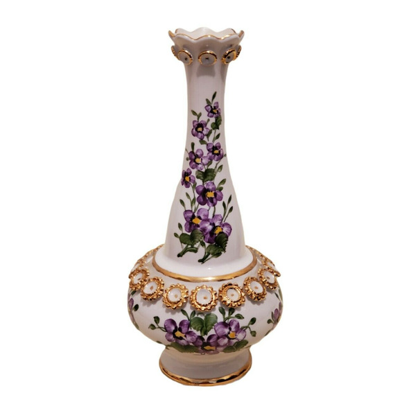 Vintage Sumerbank YPS Porcelain Vase Handpainted Floral Flower Lilac Gold Trim